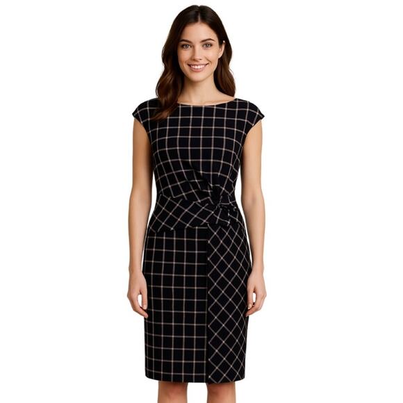 David Meister Black Plaid Cap Sleeve Sheath Dress 8 M Scoop Neck Career Work - Picture 11 of 11